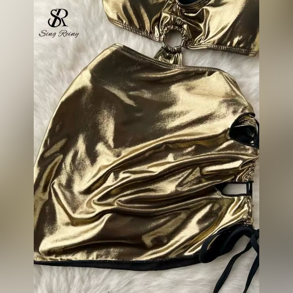 Sexy Gold 2-Piece Bikini – Asymmetrical Push-Up Top with Hip Beach Skirt - Picture 9 of 10